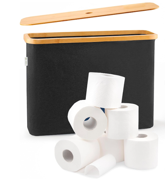 Lonbet Toilet Paper Storage for 12 Rolls, Stackable & Foldable - The Ultimate Bathroom Organizer - Waterproof Basket with Bamboo Lid - Elegant Toilet Paper Storage Holder, Black