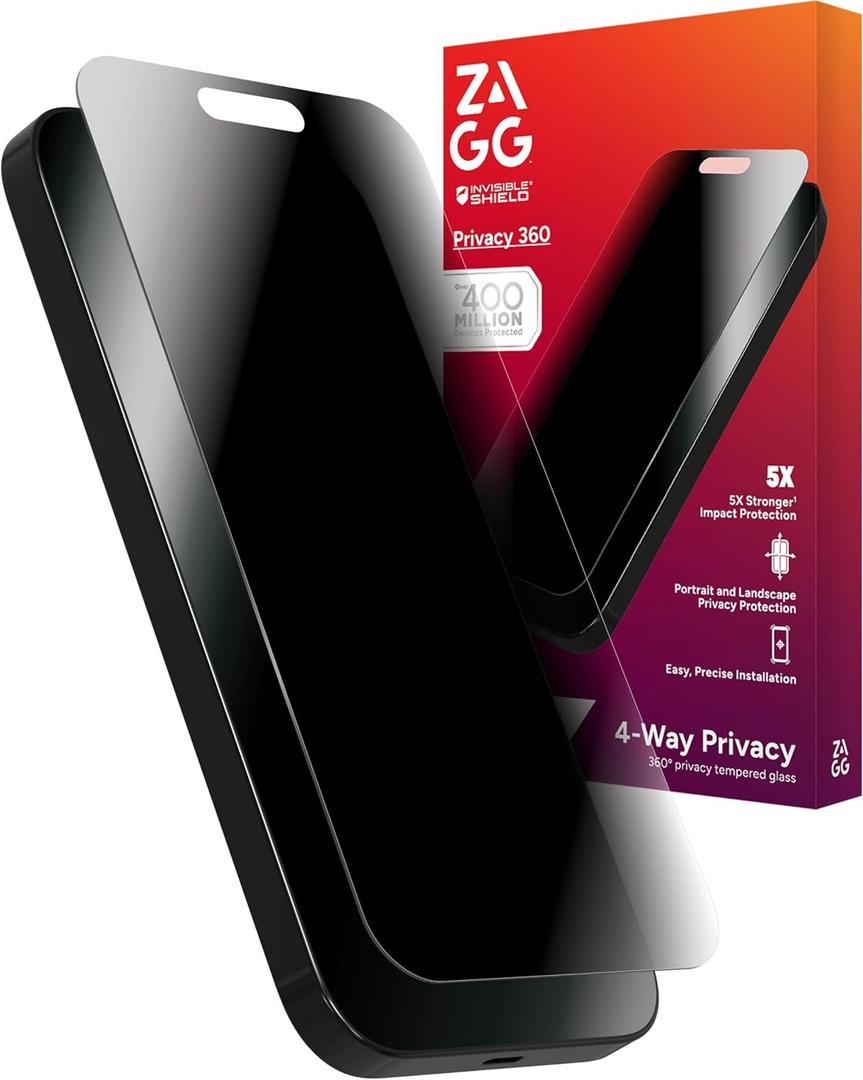 ZAGG Glass Elite Privacy 360 Screen Protector for iPhone 16 Pro Max  4-Way Privacy, Ultra-Strong Tempered Glass, 5X Stronger, Smudge-Resistant, Easy Install, Recycled Content