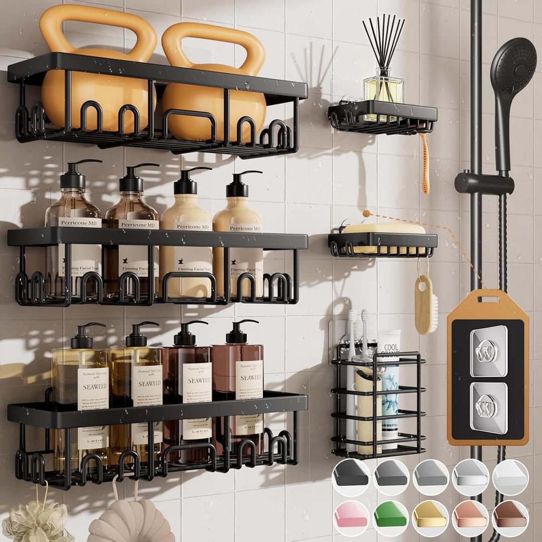Veken Rustproof & Waterproof Shower Caddy 6-Pack, No Drilling Adhesive Shelves Rack with Soap Holder, Large Capacity Bathroom Organizers and Storage, Wall-Mounted Kitchen & Home Decor (6-Piece Set (Rustproof Upgrade), Black)