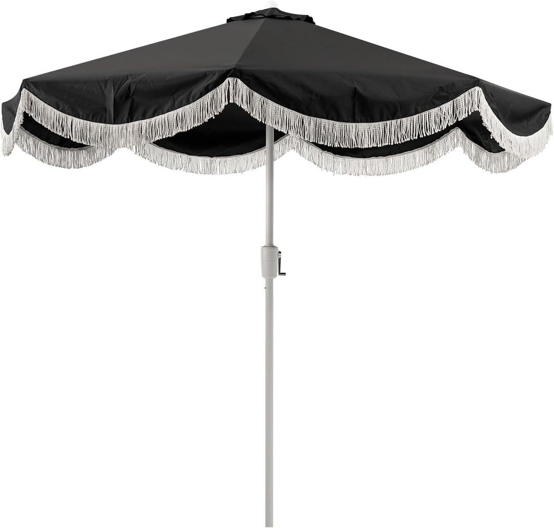 Tempera 9ft Auto Tilt Scalloped Patio Umbrellas with Fringe, Outdoor Table Umbrellas with Fade Resistant Canopy, 8 Sturdy Rids, Luxurious Vintage Umbrellas for Lawn, Pool, Deck, Balcony (9 FT Auto-Tilt, Carbon Black)