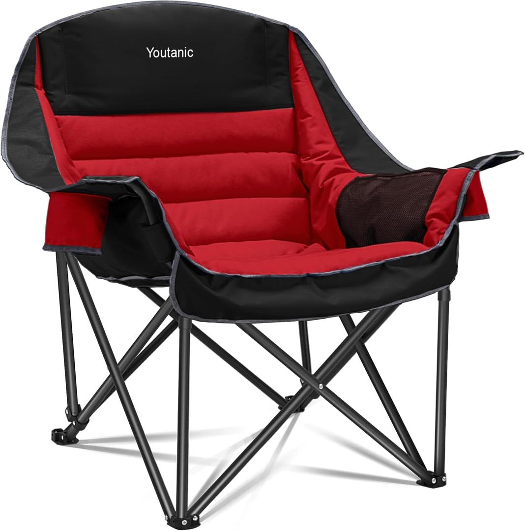 Youtanic Oversized Camping Chair, Portable Folding Camping Chairs with Side Pocket, Cup Holder and Carry Bag, Heavy Duty Outdoor Camping Chairs for Adults, Fishing, Sports, Trip, up to 400lbs, Style 5 (Red-black)