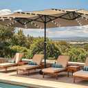 DWVO 15ft Patio Umbrella w/Solar Lights Double-Sided Outdoor Extra LargeMarket Table Umbrella 48 LED Light for Pool, Patio Furniture, Patio Shade, Khaki Not Base Included