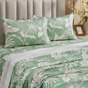 Gogreen 100% Cotton Sheet Set Queen Size, Green Floral, 4PC Set, Breathable Bed Sheet for Hot Sleeper and Night Sweats, Deep Pocket Up to 16 Inches