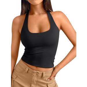 Trendy Queen Halter Tops for Women 2026 Summer Going Out Tops Backless Crop Sleeveless Workout Shirts Cute Y2k Clothes (Black, XS)
