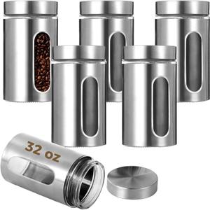 6 PCS Stainless Steel Glass Canisters, 32 oz Large Coffee Jar with Clear Window, Kitchen Canister with Airtight Lid, Food Storage Container Kitchen Organizer for Grain Tea Cookie Candy