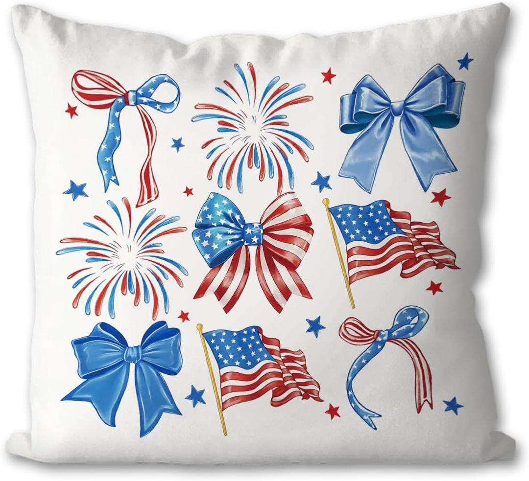 Patriotic Red White and Blue Bow Throw Pillow Covers, Americana Patriotic Independence Day 4th of July Decorations, Memorial Day Decor for Home Bedroom Couch,American Flag Pillow Covers 18x18
