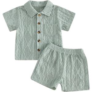 Thorn Tree Toddler Boy Outfit Button Down Shirt Short Sleeve Tops Elastic Waist Shorts Solid Baby Clothes Summer Outfits (Green, 2-3Y)