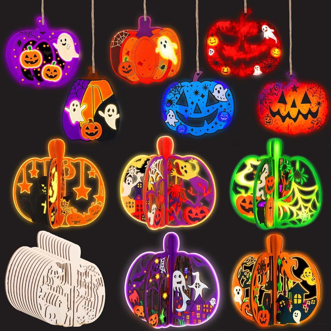 BABORUI 3D Unfinished Wood Fall Crafts for Kids Adults Toddlers, Wooden Pumpkins for Craft with Glow in The Dark Paint, DIY Pumpkin Painting Kit for Halloween Decorations