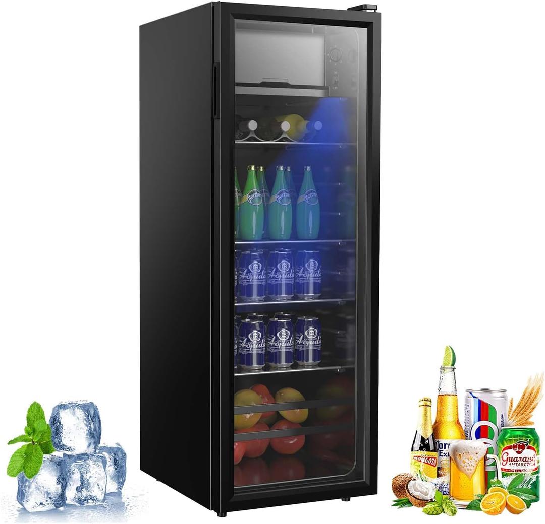 Beverage Refrigerator, 180 Can Freestanding Mini Fridge with Glass Door for Soda Beer Wine, Small Drink Dispenser with Adjustable Temperature Control for Home, Office, Black