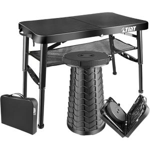 Folding Table and Stool, Small, Black, 4 Foot Outdoor Portable Table, Adjustable Height, Camping, Picnic, RV Table, 55lbs Load-Bearing, Lightweight
