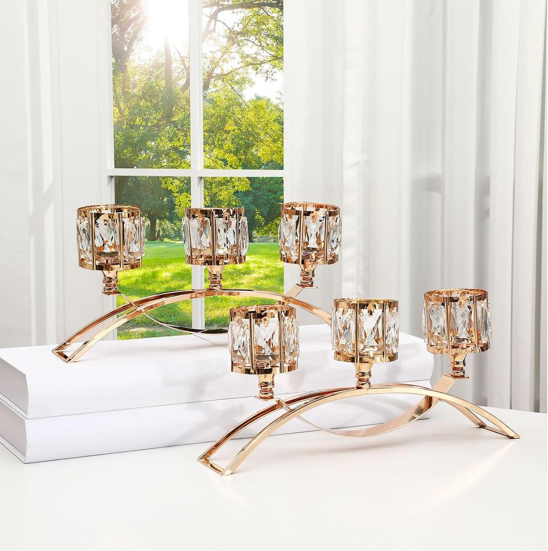 Remerry 2 Set Gold Crystal Candle Holders 3 Arms Crystal Bowl Tealight Candelabra Arch Candlestick Table Centerpieces for Dinning Room, Wedding, Cabinet Ornaments, Home, Anniversary Party Decor