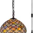 Tiffany Style Stained Glass Pendant Light Plug in, 12" Wide Fish Scale Design Hanging Lamp, 60 Inch Chain 15 Feet Cord Living Dining Room Bedroom Kitchen Home Office