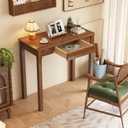 Solid Wood Desk with Drawers - 32 x 16 Inch Vintage Narrow Desks, Mid Century Modern Desks, Rubber Wood Study Table, Small Writing Desk for Bedroom|Small Spaces - Walnut Color, 31.5 in W x 15.7 in D