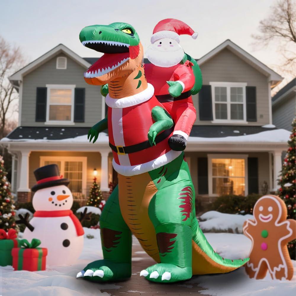GARIG 9FT Christmas Inflatables Dinosaur and Santa Claus Outdoor Decorations, Christmas Blow Up Yard Decorations with Builtin LEDs for Xmax Outdoor Party, Yard, Garden
