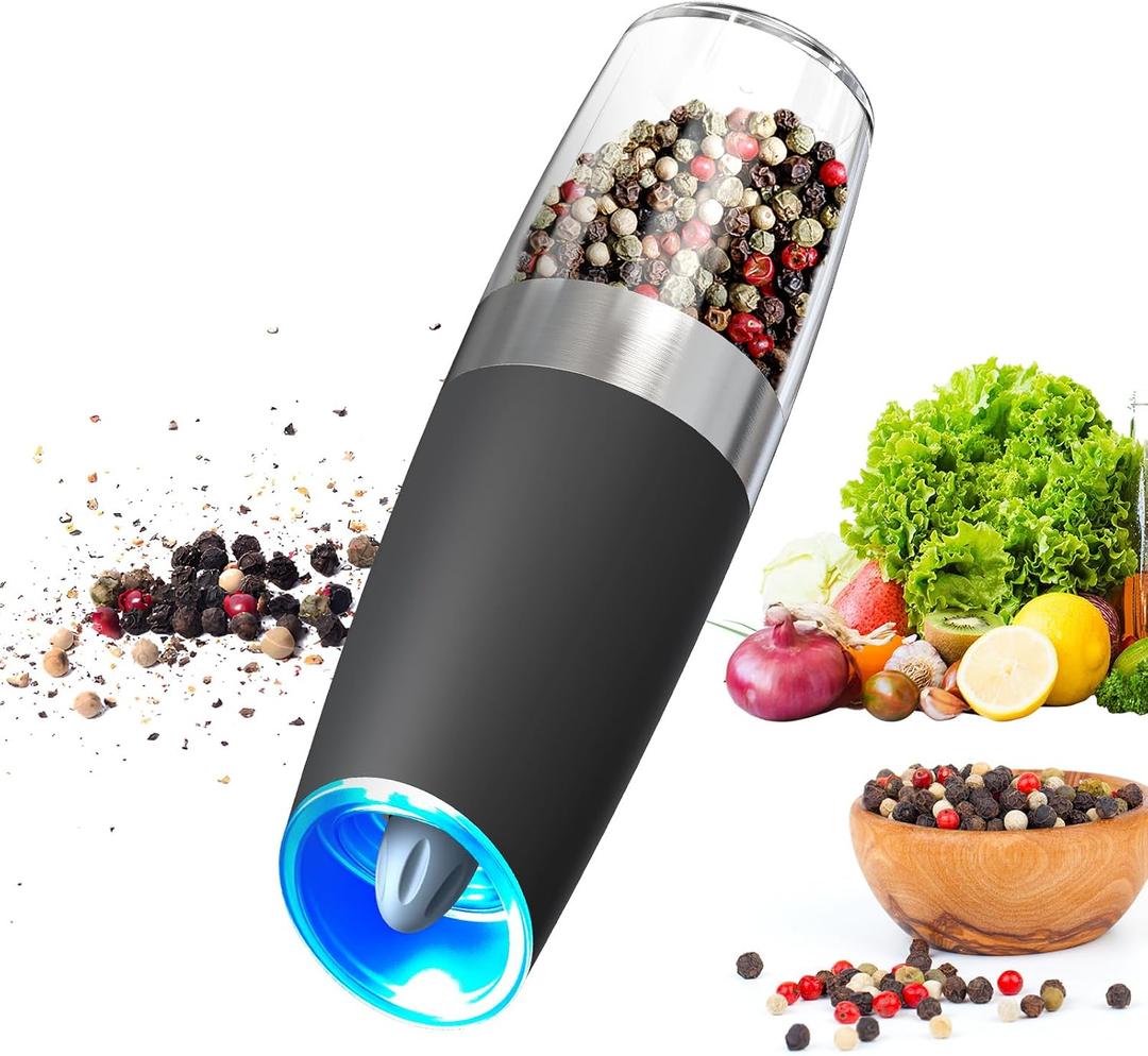 CIRCLE JOY Gravity Electric Pepper Grinder Salt Grinder Pepper Griner Mill Electric with LED Light, Battery Operated, Adjustable Coarseness, Washable 135ml Container, 1 Pcs