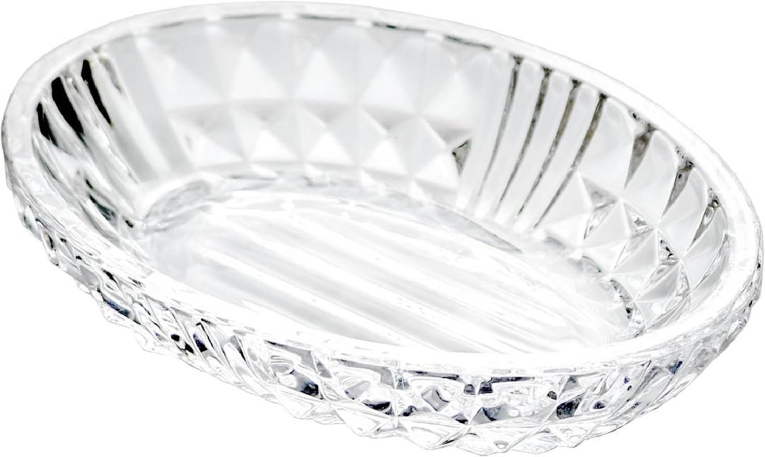 Clear Glass Soap Dish, Oval Bar Soap Holder with Embossed Raised Sides for Bathroom, Sink and Kitchen
