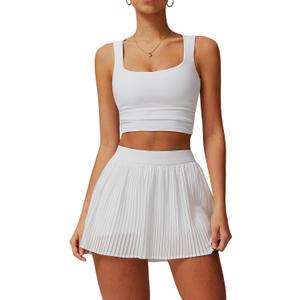 Women 2 Piece Tennis Dresses High Waisted Pleated Skirt Sets Sleeveless Racerback Padded Crop Top Seamless Golf Outfits (L)