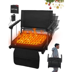 Heated Stadium Seats for Bleachers with Battey, 3 Levels of Heat Bleacher Seats with Back & Cushion, Foldable Heated Stadium Chairs with Armrests, Bleacher Warmer Chair for Camping Game Sport (One Size, All Black)