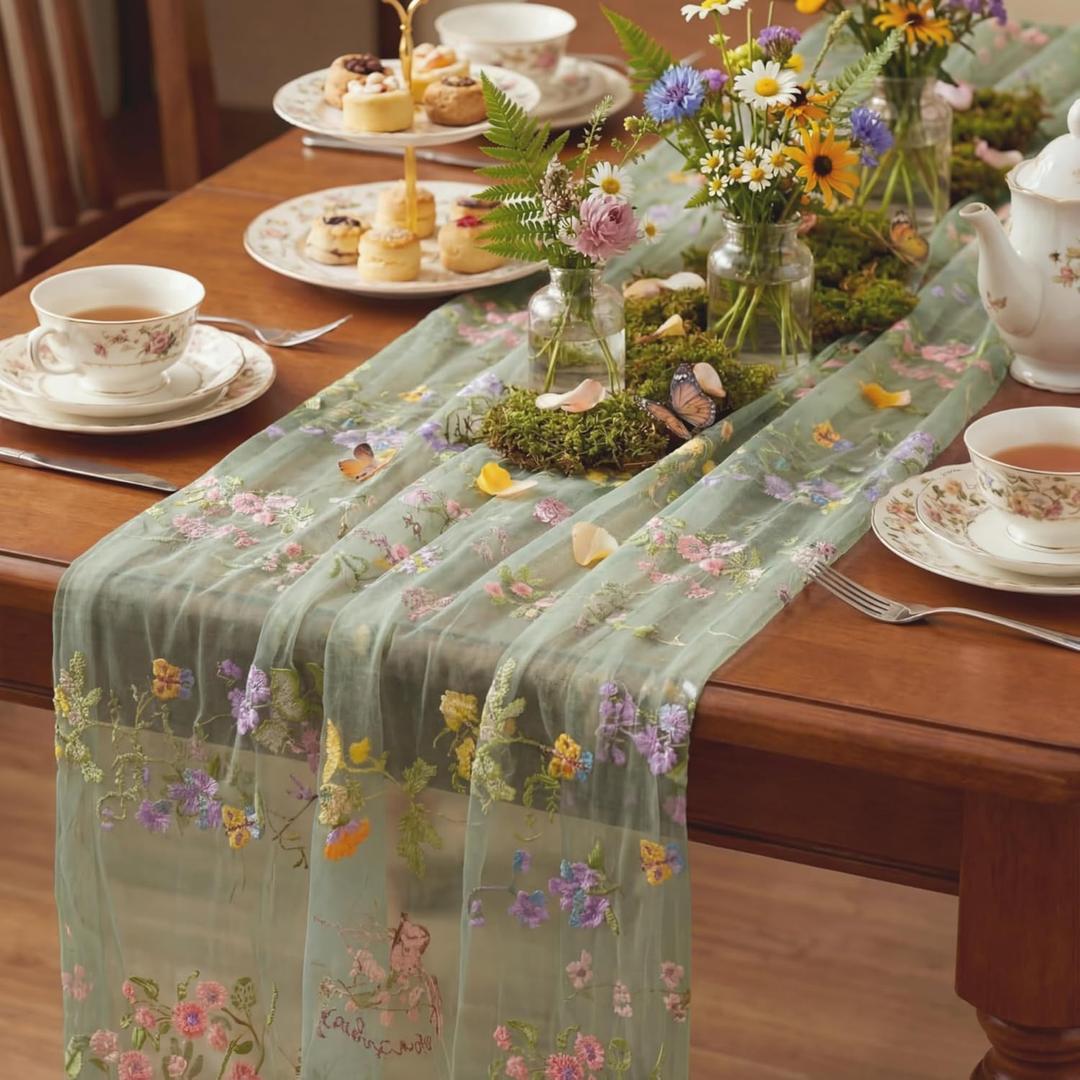 Sage Green Floral Table Runner 10ft Embroidery Tulle Spring Wildflower Table Runner Seasonal Summer Butterfly Kitchen Dining Gauze Decoration for Wedding Baby Shower Birthday Party (1 Pcs)