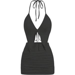 SHENHE Women's Y2k 2 Piece Sexy Outfits Backless Halter Crop Top and Ruched Bodycon Mini Skirt Set (Black) S