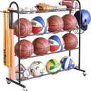PLKOW Basketball Rack, Rolling Ball Storage with Baseball Bat Holder and Hooks, Sports Equipment Storage with Wheels for Volleyball, Football and Basketball Accessories, Powder Coated Steel