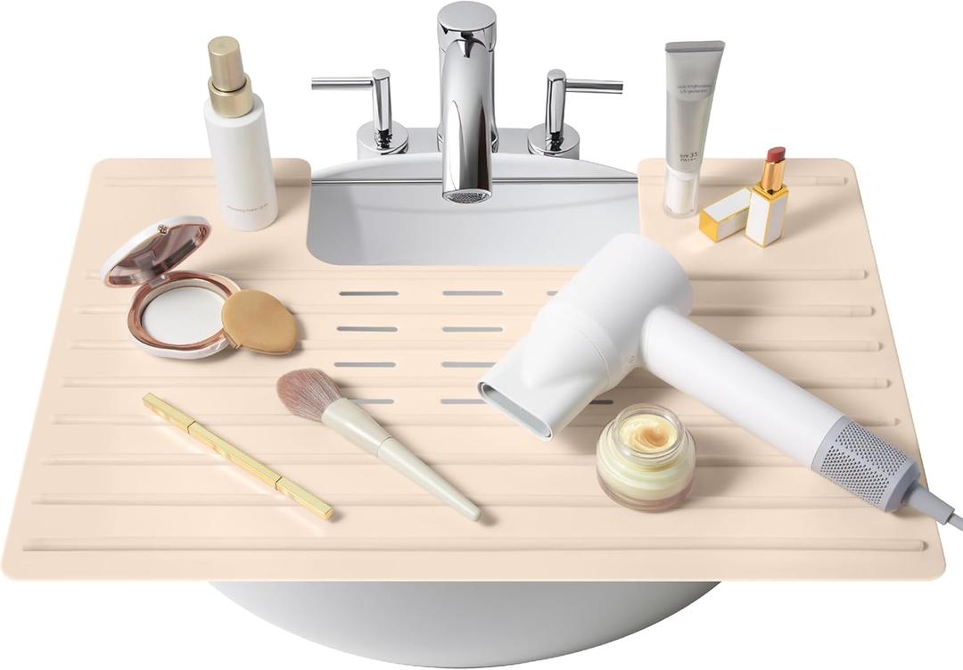 Maplefield Bathroom Sink Mat Cover - Small Beige Silicone - Heat Resistant up to 400F - Foldable Oval Sink Cover & Makeup Mat with Raised Ridges