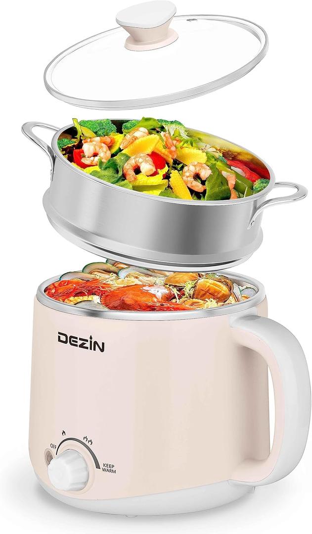 Dezin Hot Pot Electric with Steamer, Rapid Noodles Cooker, Stainless Steel Electric Pot 1.6 Liter, Perfect for Ramen, Egg, Dumpling, Soup, Oatmeal with Temperature Control and Keep Warm Function (1.7 Quarts, Creamy Beige)