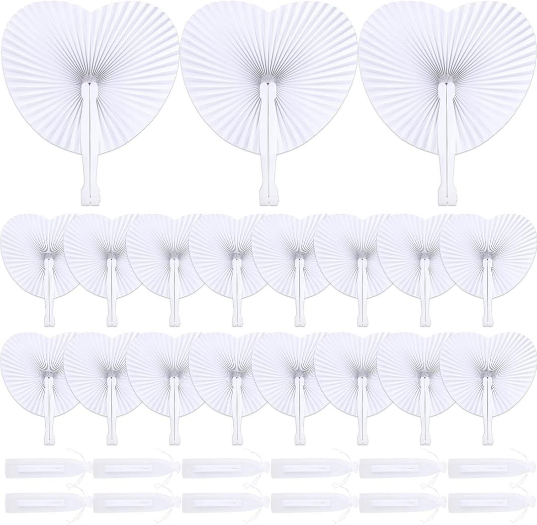 WYTAOHZL 60PCS White Paper Fans Folding Heart Shaped Wedding Fan with Bags Hand Fan Plastic Handle Decorative Wedding Favor Fans for Bridal Party Favor Baby Shower Party Supplies Decor