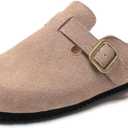 Women's Suede Clogs Leather Mules Comfort Cork Footbed Sandals Potato Shoes with Arch Support (8.5, Taupe)