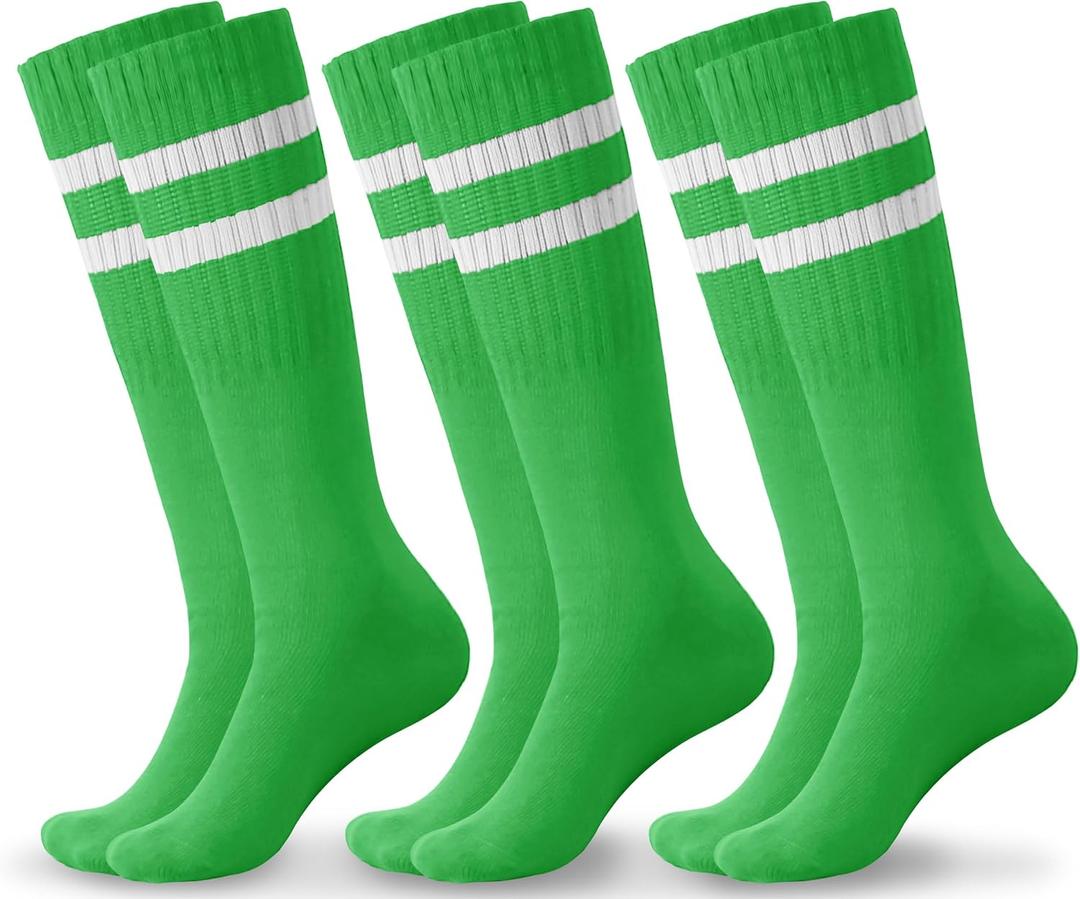 Haloumoning 3 Pairs Boys Soccer Athletic Socks Kids Striped Football Knee High Uniform Sports Tube Socks 4-15 Years (Green, S)
