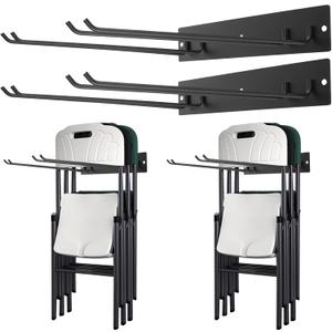 2 Pcs Folding Chair Storage Rack, Wall Mount Heavy Duty Iron Organizer, Max Load 240 LBS, for Garage, Garden Tool, Lawn, Beach, Camping, Yard, Black