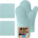 GORILLA GRIP BPA-Free Soft Silicone Oven Mitts and Pot Holders Sets of 4, Heat Resistant Waterproof Cooking Gloves, Thick Cotton Lining, Flexible Gripping for Baking Grilling, Kitchen Trivets, Mint