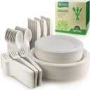 250 Piece Biodegradable Paper Plates Set (EXTRA LONG UTENSILS), Disposable Dinnerware Set, Eco Friendly Compostable Plates & Utensil include Plates, Forks, Knives and Spoons for Party