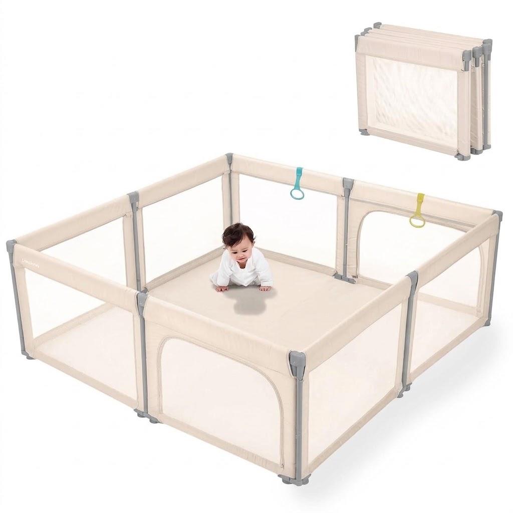 Doradotey Baby Playpen Foldable for Toddlers 1-3, Size and Shape Adjustable Enclosure, 8-Panels Detachable Gate 79x71 Large Indoor Playard, Easy Assembly and Clean, Safety Fence Play Area, Khaki