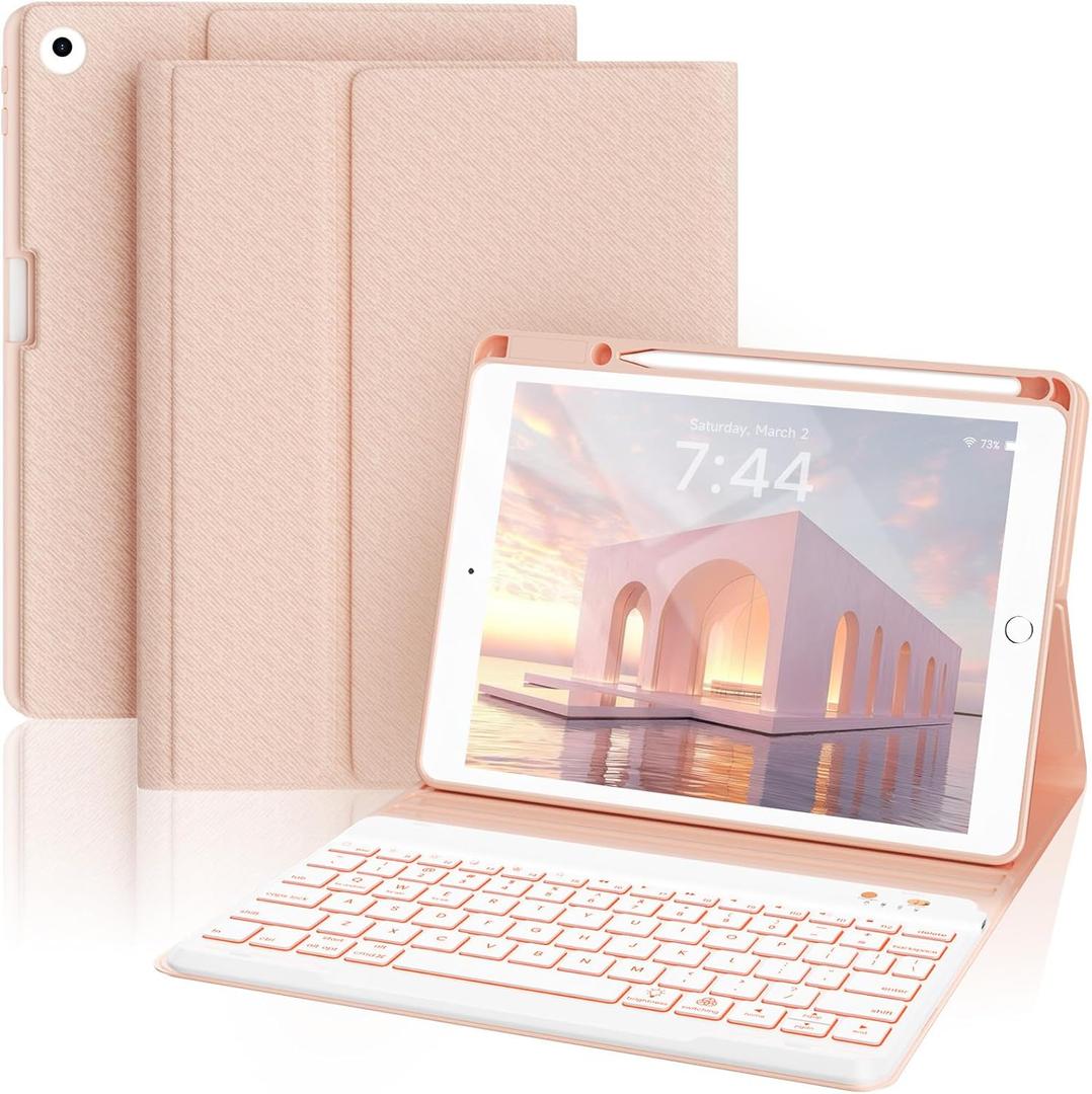 7-Color Backlit Keyboard Case for iPad 9.7 Inch 6th 5th Gen Air 2/Air 1, Detachable Wireless Bluetooth Keyboard with Pencil Holder, Auto Sleep Wake Stand Folio Protective Cover (Pink)