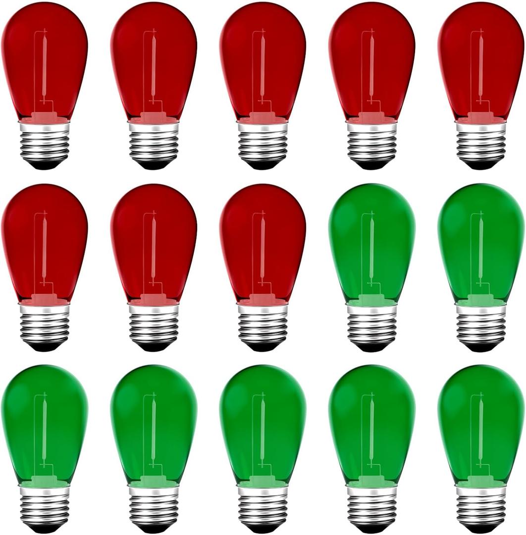 Meconard S14 Colored LED String Light Bulbs,1 Watt Plastic Shatterproof Waterproof Outdoor Indoor Replacement Bulbs for Home Decor, E26 Medium Base, Red Green Light Bulbs, 15Pack