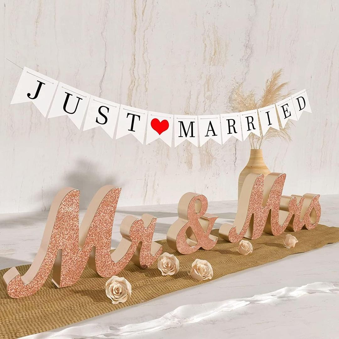 VIOPVERY Mr & Mrs Sign & Just Married Banner, Large Wooden Letters for Sweetheart Table, Photo Props Wedding Decorations for Anniversary, Rose Gold