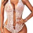 Avidlove Women One Piece Lingerie Sexy Lace Bodysuit Deep V Teddy Babydoll Nightgown XS-XXL (Small, Light White)
