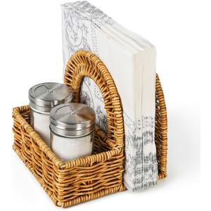 Stylish Rattan Napkin Holder with Salt and Pepper Shakers Holder - Perfect Tabletop Organizer for Kitchen - Ideal for Paper Napkins (Without Salt, Pepper Shakers & Napkins)
