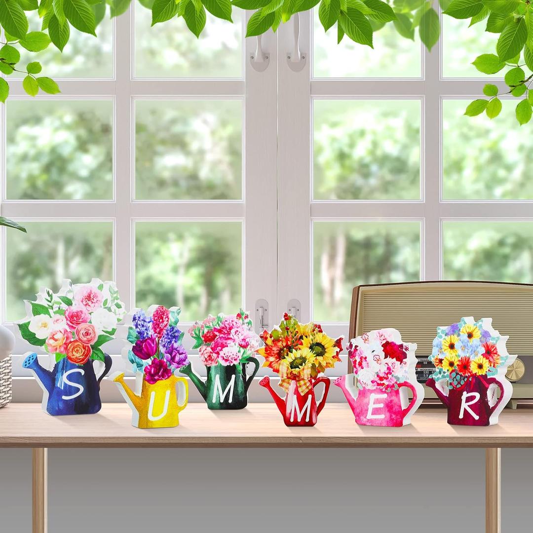 Qunclay 6 Pieces Summer Office Decorations Flower Farmhouse Wooden Summer Tiered Tray Decor Set Watering Can Wood Block Signs for Home Indoor Kitchen Work Tabletop Shelf