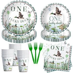 One Lucky Duck Birthday Party Supplies Decorations - Mallard Duck Hunting First Birthday Table Decorations Tableware, Paper Plate, Cup, Napkin, Fork | 24 Guests (1)