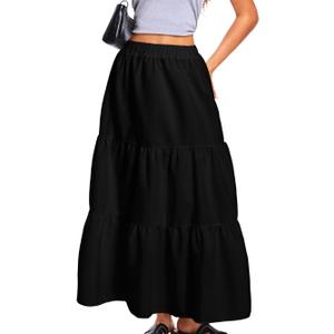 Kaei&Shi Womens Boho High Waisted Gingham Long Maxi Skirts Summer (Small, Black)