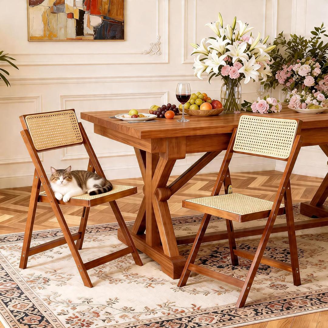 Rattan Dining Chairs Walnut Natural Resin Rattan Chair Foldable 2 Pack, 20.08"D x 18.5"W x 32.68"H