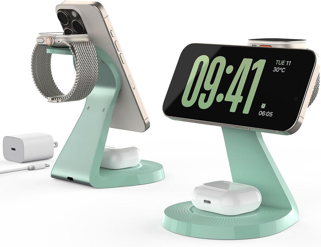 3 in 1 Charging Station for Apple Devices,Mag-Safe Charger Stand Fast Charging,Wireless Charger for iPhone 16/15/14/13/12 Series,& AirPods,& iWatch(USB-C Charger Included) (Sprout Green)