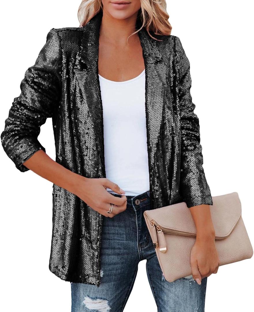 SEMATOMALA Women's Sequin Shiny Open Front Blazer Evening Party Sparkly Long Sleeve Slim Cardigan Coat (Large, Black)