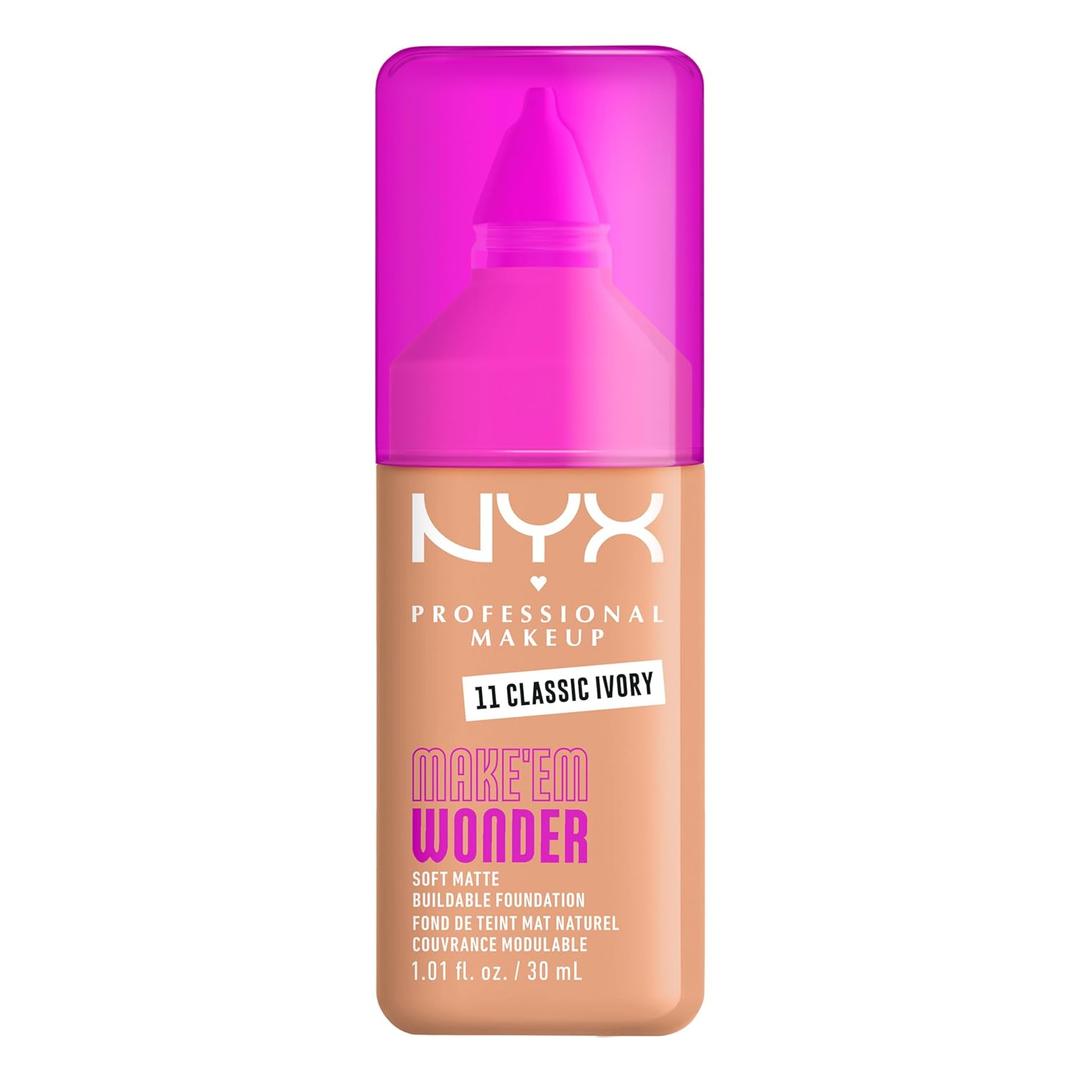 NYX PROFESSIONAL MAKEUP Make 'Em Wonder Liquid Foundation, 24HR Foundation Makeup With A Soft Matte Finish, Buildable Full Coverage - 11 Classic Ivory