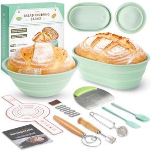 Napute Silicone Sourdough Breads Baking Supplies, Sourdough Starter Kit, Banneton Bread Proofing Basket Set with 9" Round & 10" val, Artisan Bread Baking Tools, Silicone Bread Sling