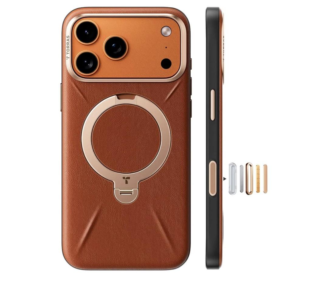 TORRAS Q3 VegSkin for iPhone 17 Pro Max Case Leather, 360 Spin Magnetic Stand, Fit for MagSafe, Camera Control, Shockproof Premium Organic Silicone Leather Case for iPhone 17 Pro Max, Saddle Brown