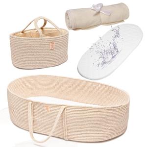 Trendy Baby Changing Basket- Unisex Baby Moses Basket Set of 4 Pieces, Waterproof Pad Cover, Caddy Diaper Organizer, Cotton Blanket - Boho Basket - Nursery Decor - Bassinet Changing Table Topper