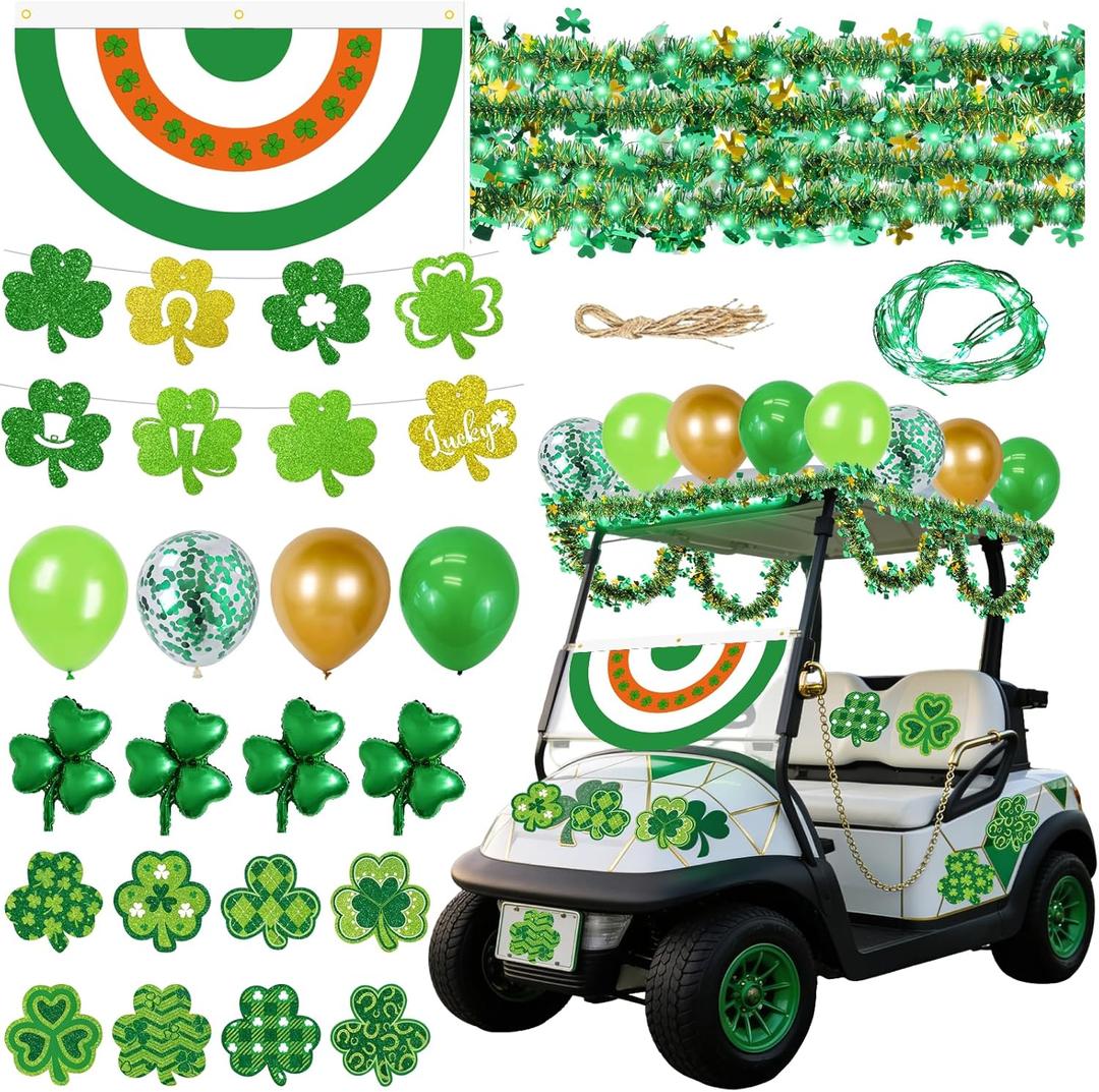 St Patricks Golf Cart Parade Decorations Kit, Irish Shamrock Parade Decor Set with Irish Flag Bunting,Green Metallic Tinsel Garland,Shamrock Balloons, Cards, for Irish Party Golf Cart Decor